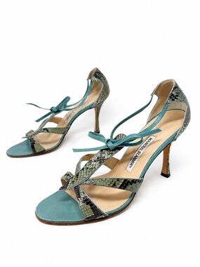 Manolo Blahnik Green Snakeskin Lace Up Sandal Heels Womens Size EU 40